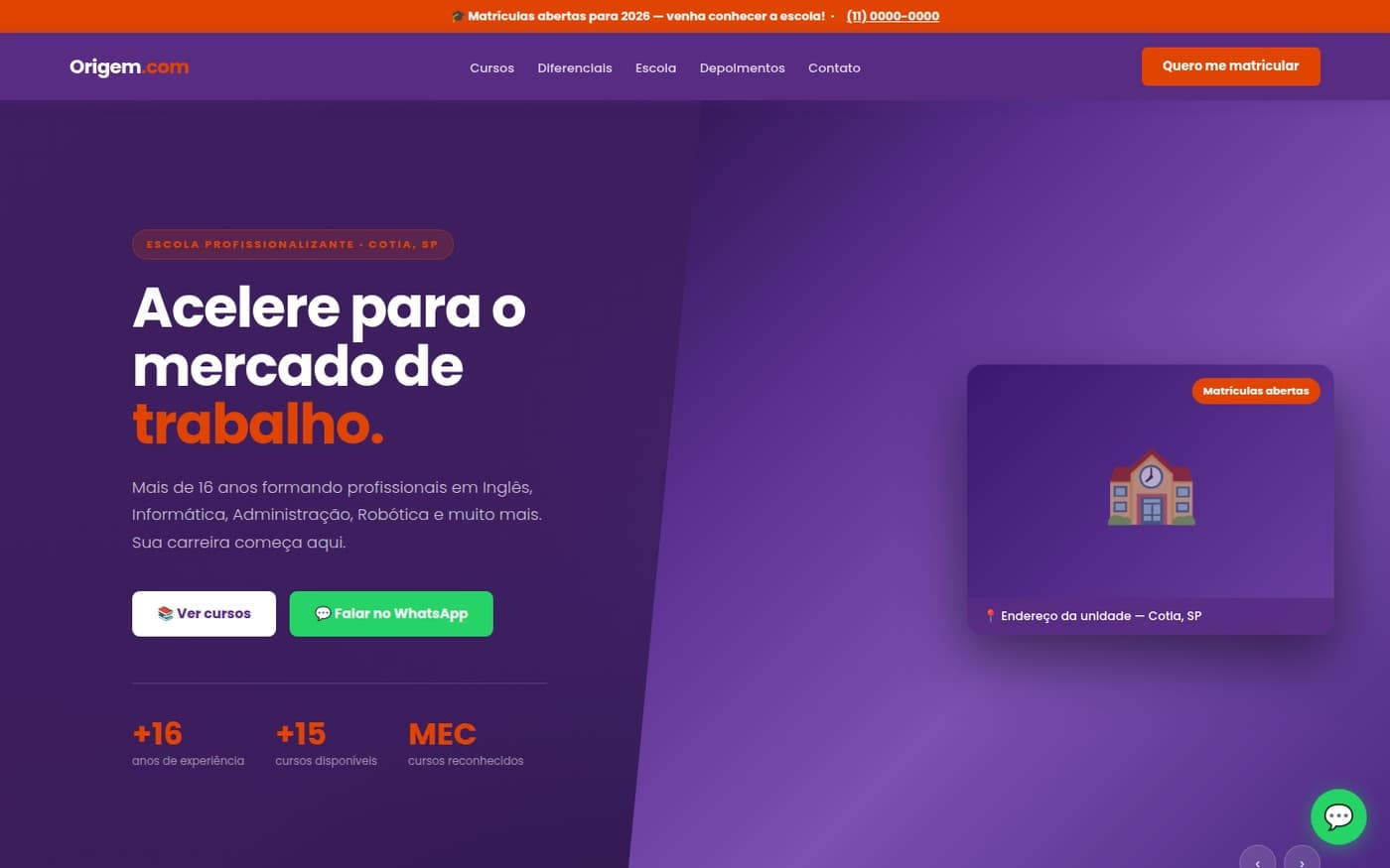 Screenshot do projeto Origem.com — Escola Profissionalizante